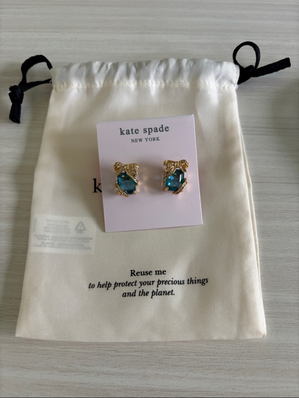 kate spade Kids Teal Crystal Bow Stud Earrings - Gold Tone NWOT
